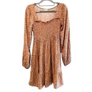 Altar’d State Boho Floral Smocked Long Sleeve Dress Peach Orange Size Medium‎